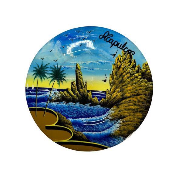 Vintage Acapulco Souvenir Hand Painted 8" Cliff Diver of La Quebrada Wood Plate - Picture 9 of 9